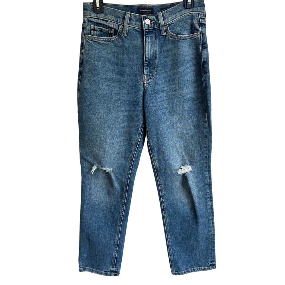 Banana Republic High Rise Straight Jeans Sz 27 Distressed Stretch Classic‎ Denim
